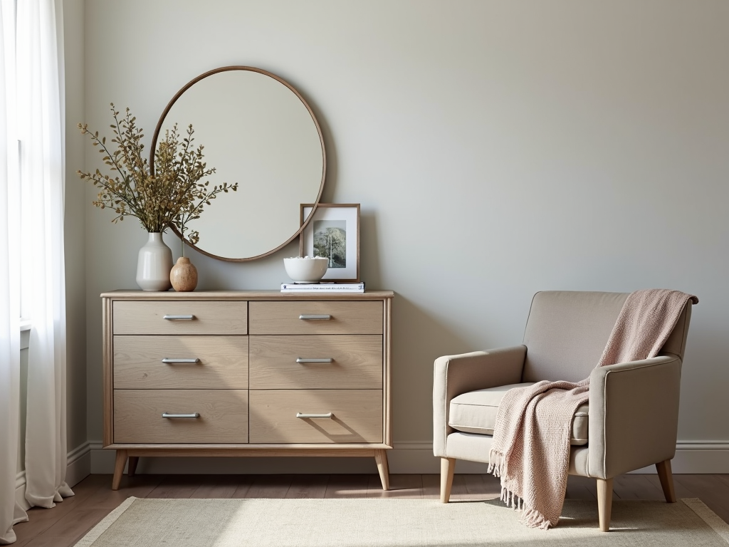 A stylish bedroom corner with a dresser and armchair