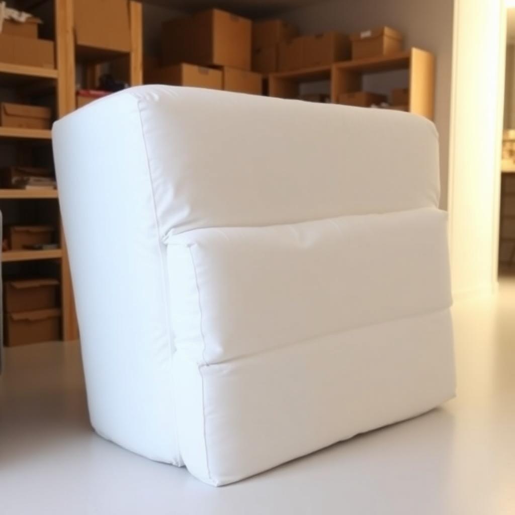 Folded futon mattress in a white cotton sheet stored in a clean storage room.