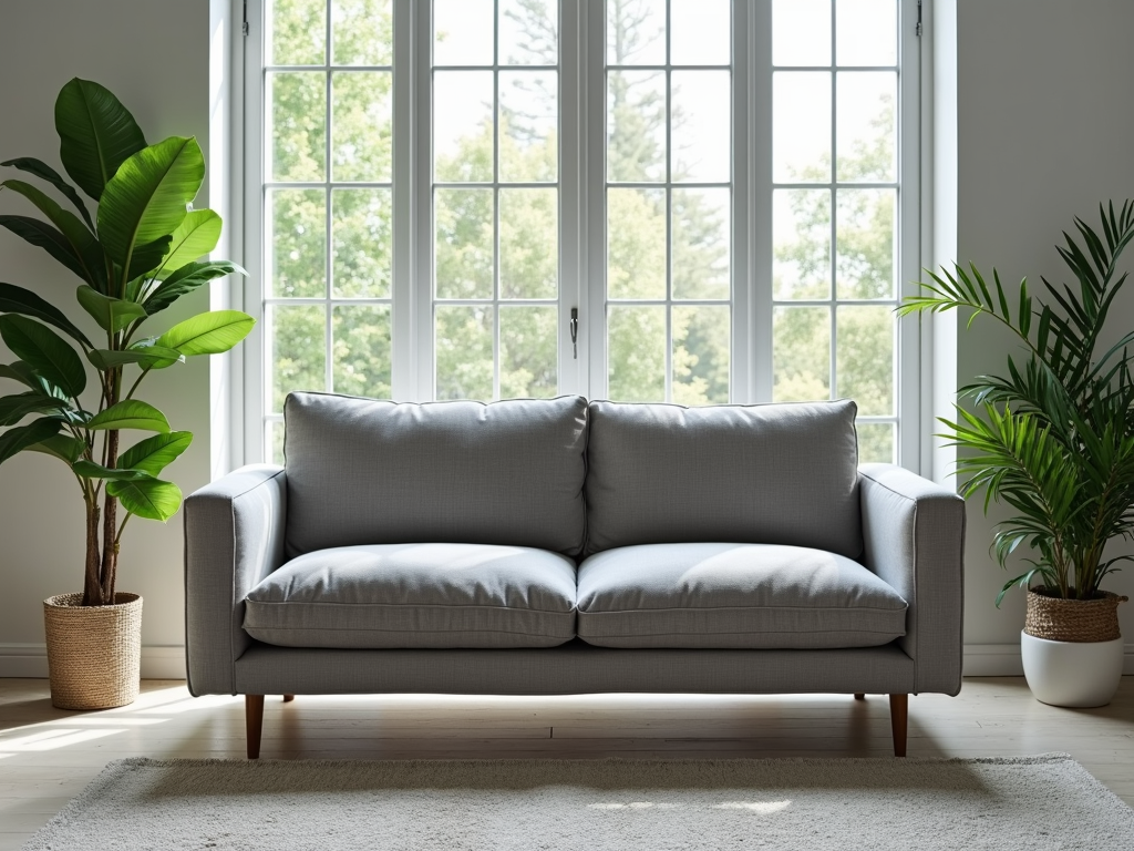 A sleek modern love seat in a bright living room.