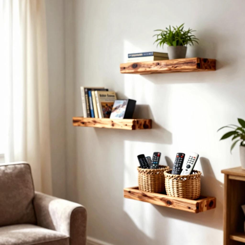 Cozy living room with DIY wooden shelves organizing books and baskets