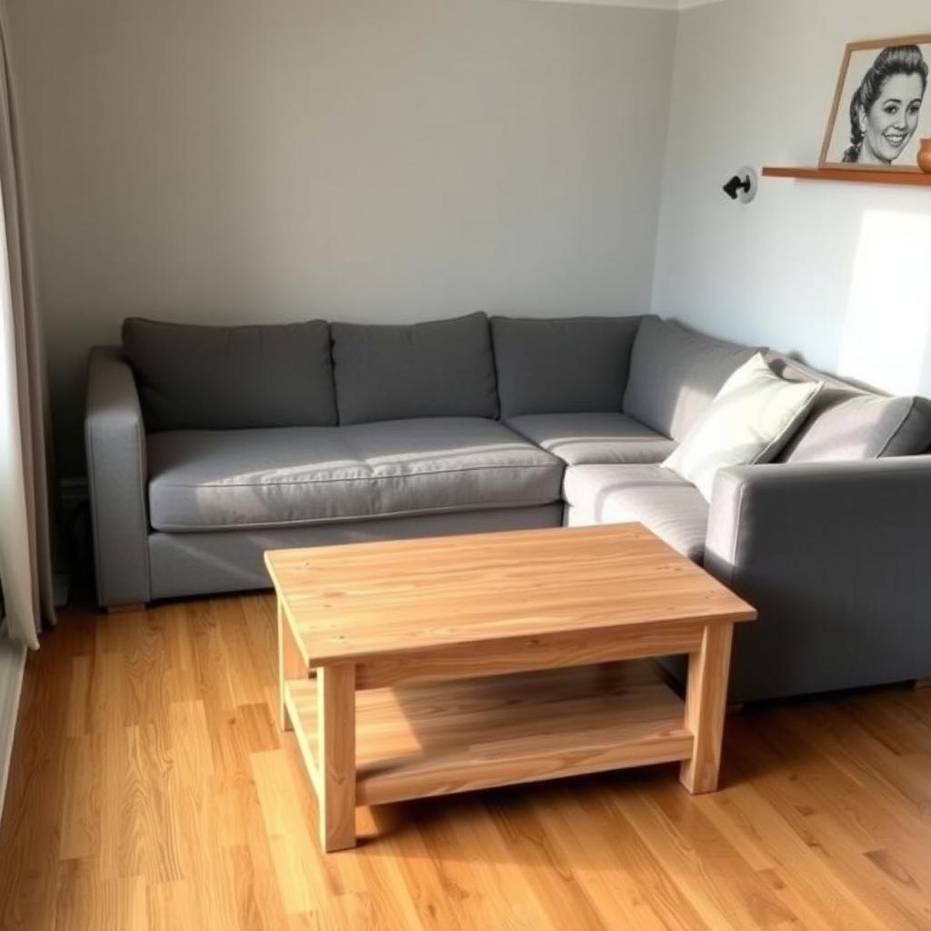 A small living room with a sleeper sofa and storage ottoman, decorated on a budget.