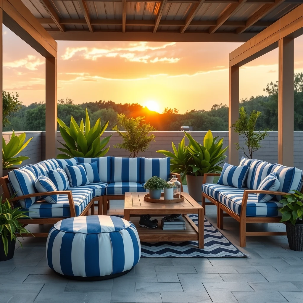 Stylish outdoor patio with durable Sunbrella fabric sofa
