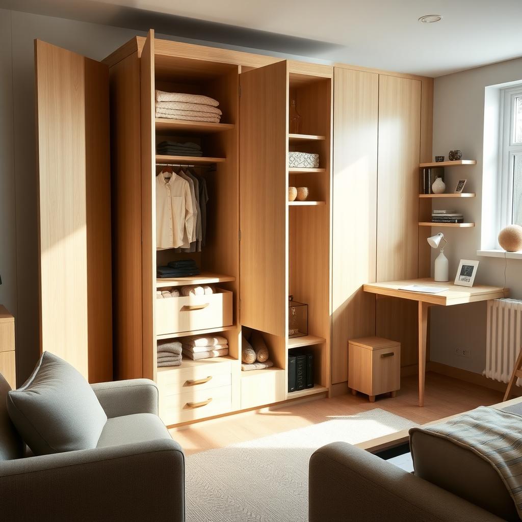 Cozy small living room with a modern armoire, foldable desk, and storage sofa, bathed in natural light.