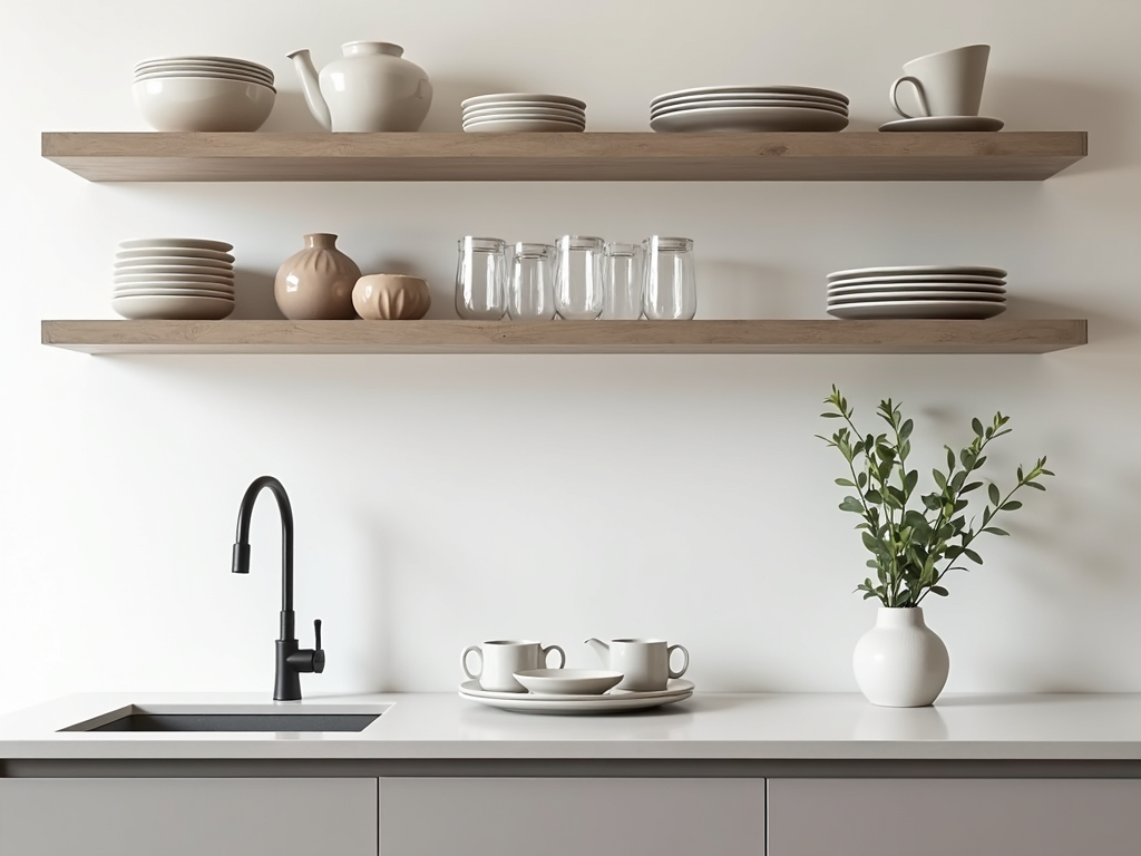 Floating shelves in a modern kitchen