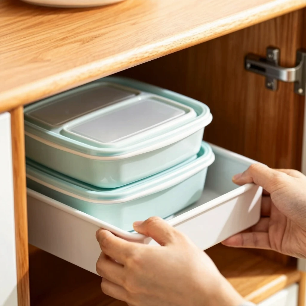 Hands organizing kitchen cabinet with Tupperware and dividers