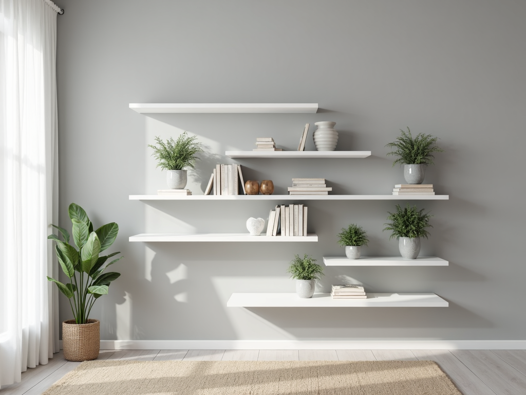Modern living room with floating bookshelf