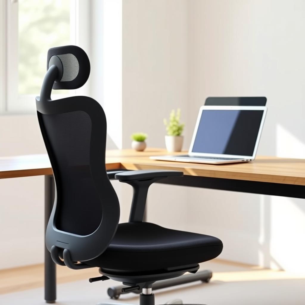 Modern home office with a black mesh ergonomic chair at a wooden desk, featuring a laptop, plant, and natural light.