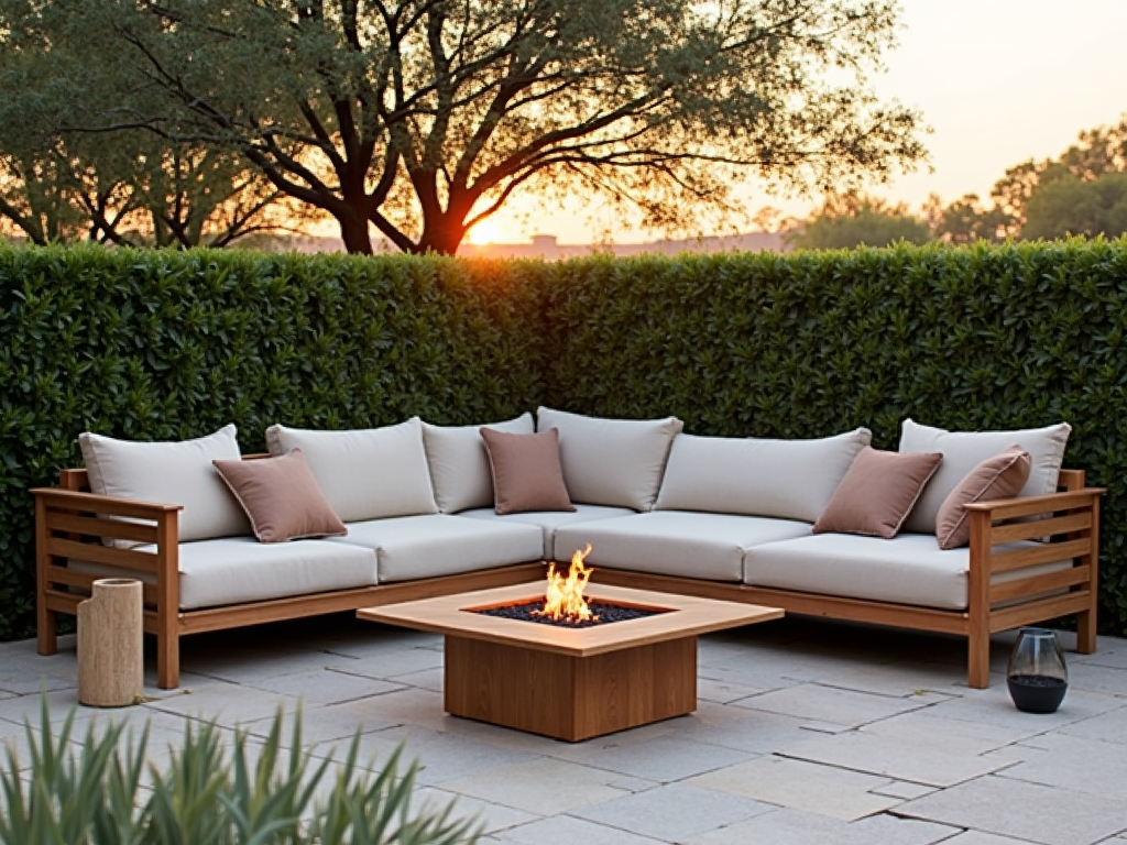 Cozy patio with teak furniture and fire pit