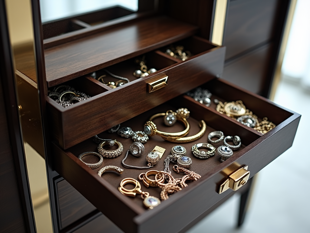 A jewelry armoire with hidden compartments for valuable pieces.