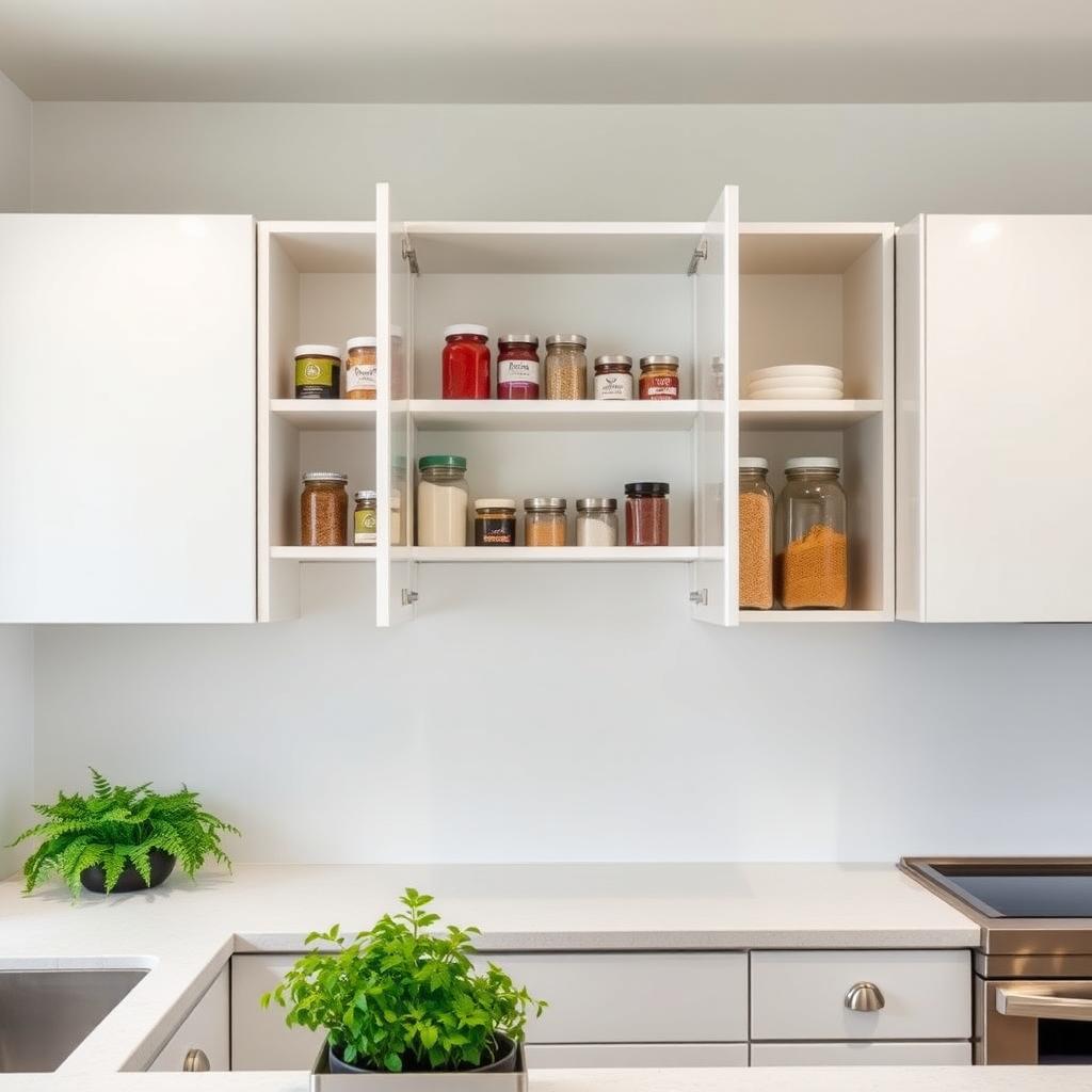 A modern kitchen with organized white cabinets, labeled jars, and a small herb garden on the countertop.