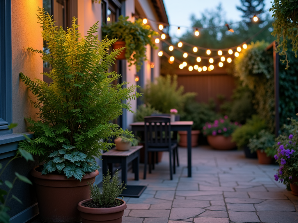 Patio corner with plants and string lights