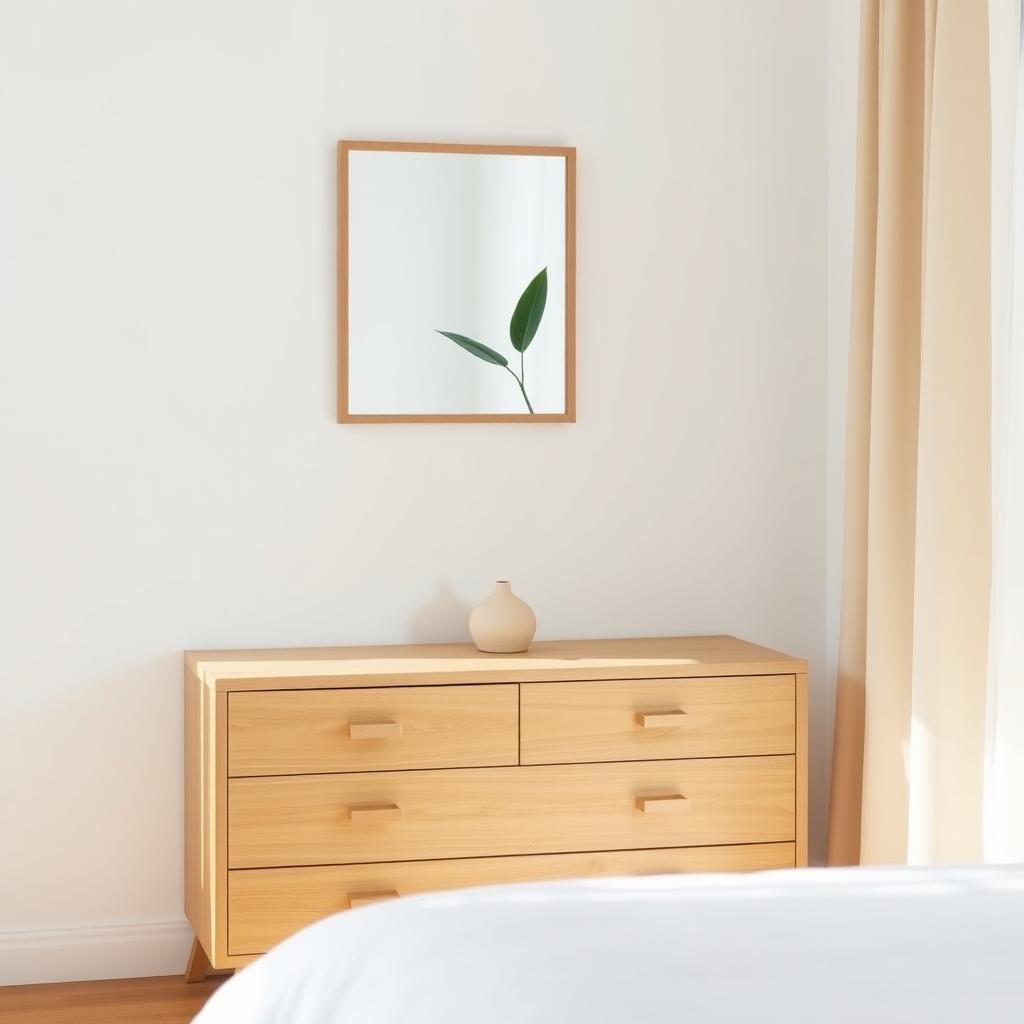 Minimalist bedroom with a light oak Scandinavian dresser and a single decorative vase.