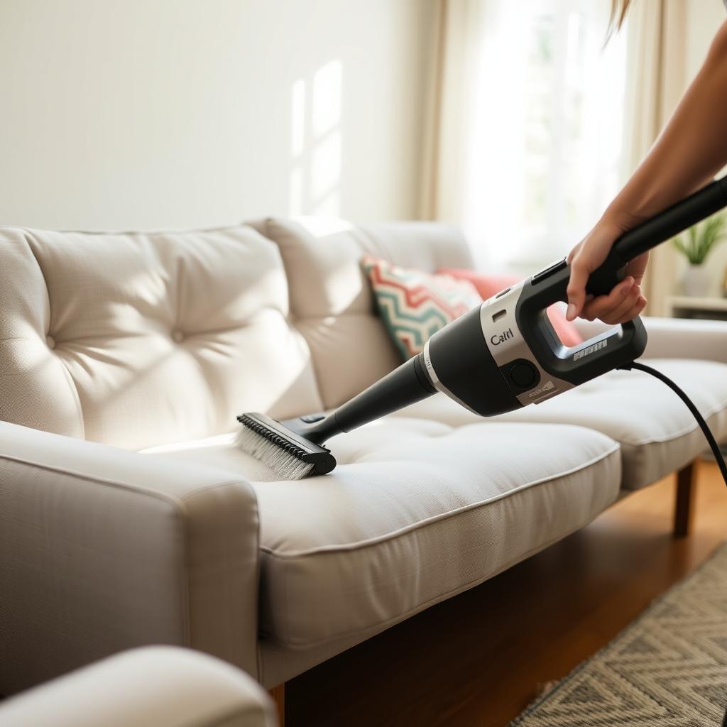 Person vacuuming a light gray futon in a cozy living room with colorful throw pillows.