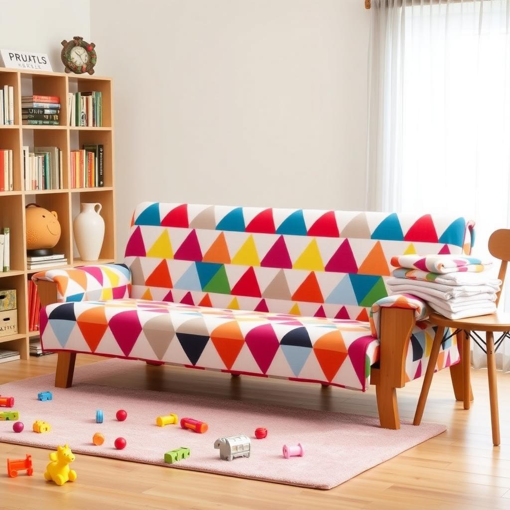Futon with a colorful washable cover in a lively family room