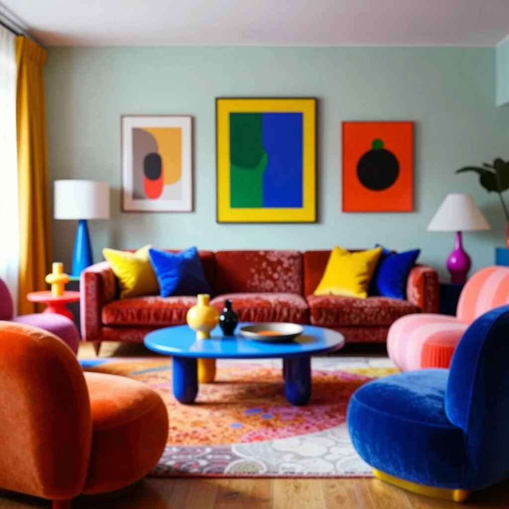 Bold colorful maximalist interior with mixed patterns and textures in 2023 furniture trends