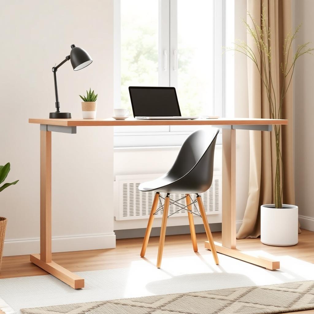 Modern home office with a light wood standing desk, laptop, plant, and coffee cup, bathed in natural light.