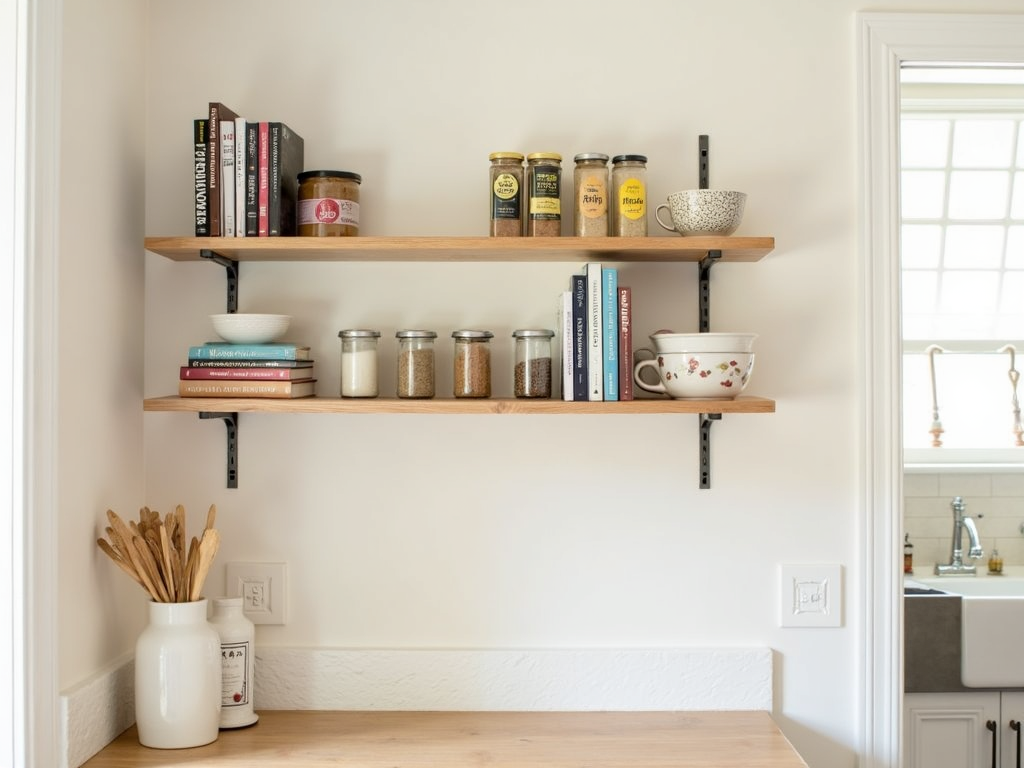 Wall-mounted shelf in a small kitchen