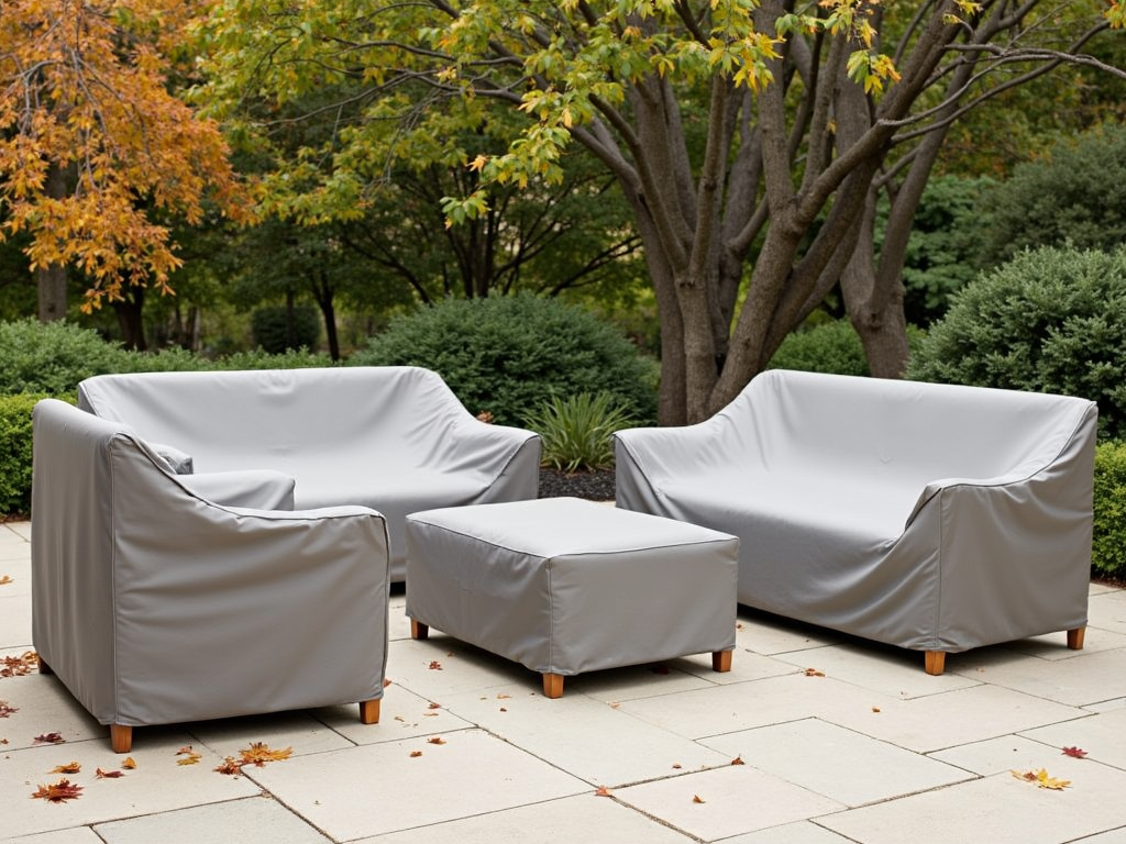 Outdoor furniture under weatherproof covers in an autumn garden