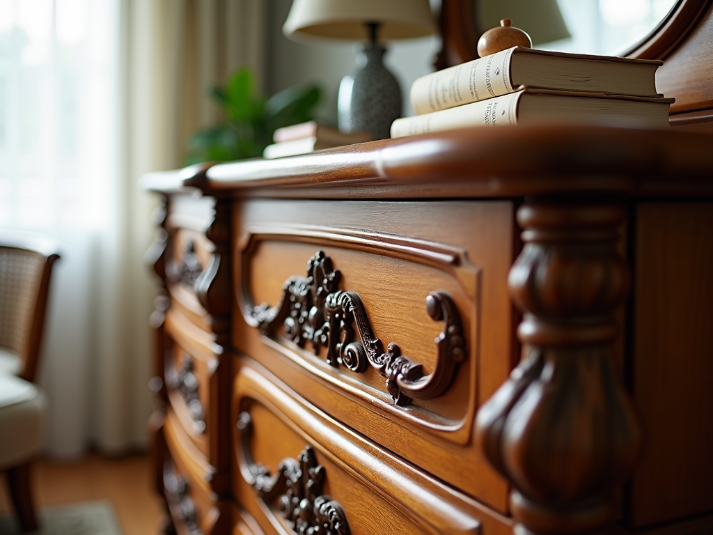 A polished wooden dresser in a bedroom setting