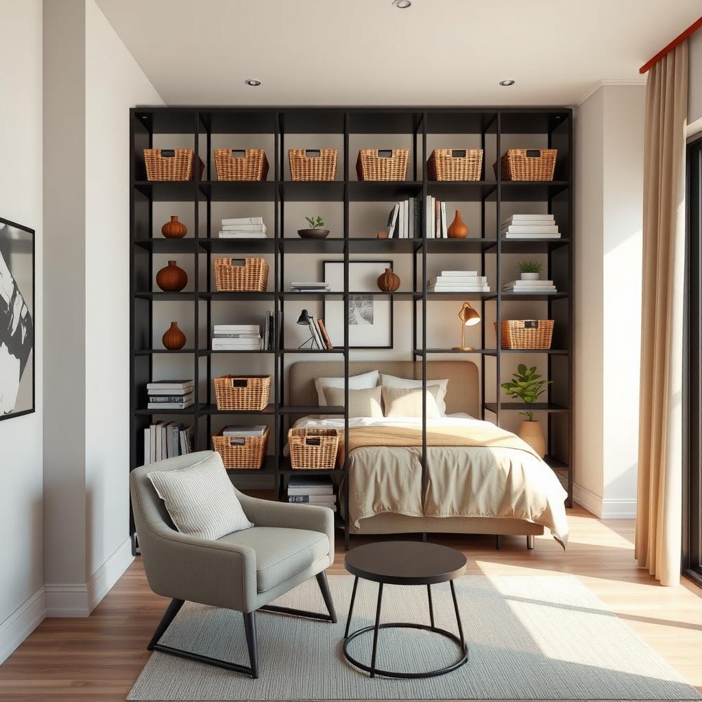 Small bedroom with a modular shelving unit as a room divider, organizing a cozy bed and seating area.