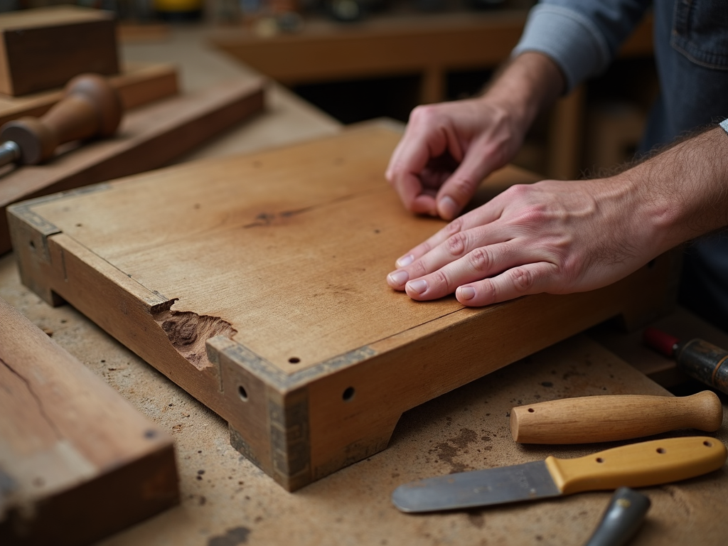 Examining wood grain on antique table