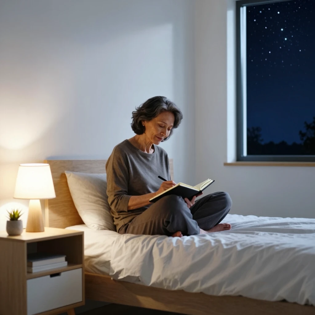 Person reflecting in a simplified bedroom space