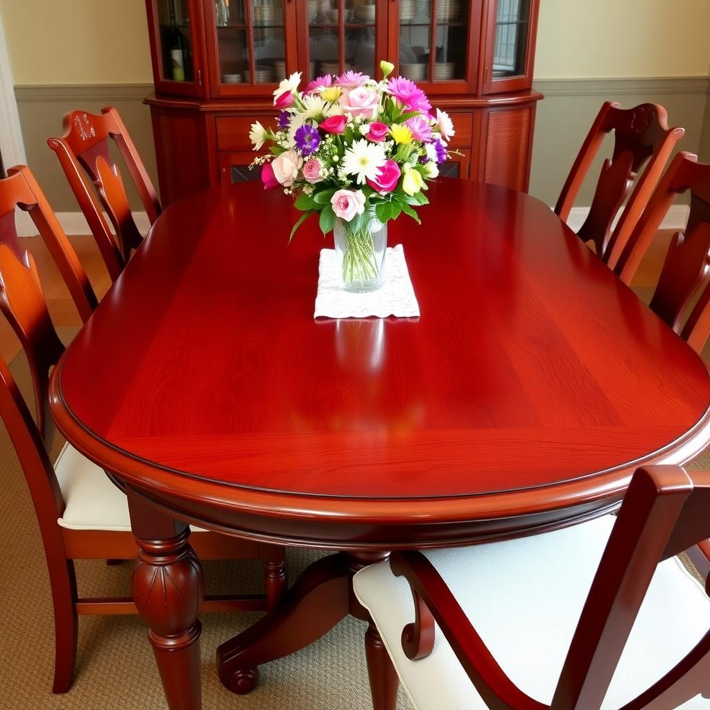 Wooden dining table with tablecloth and flowers.