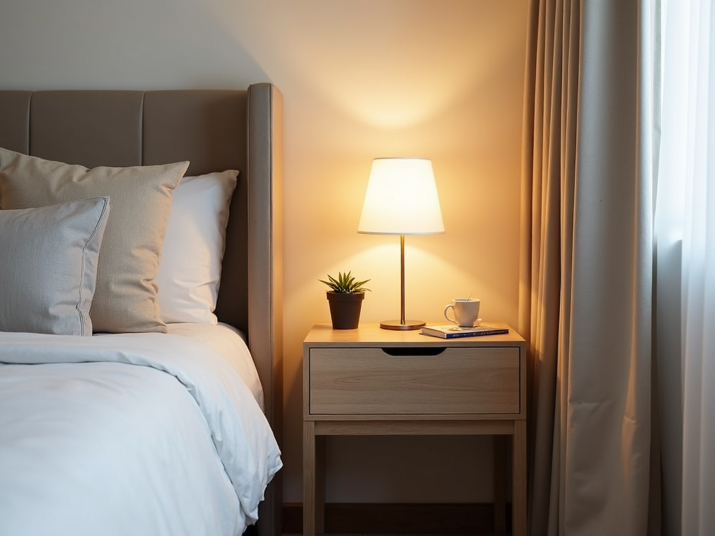 Slim nightstand in a small bedroom.