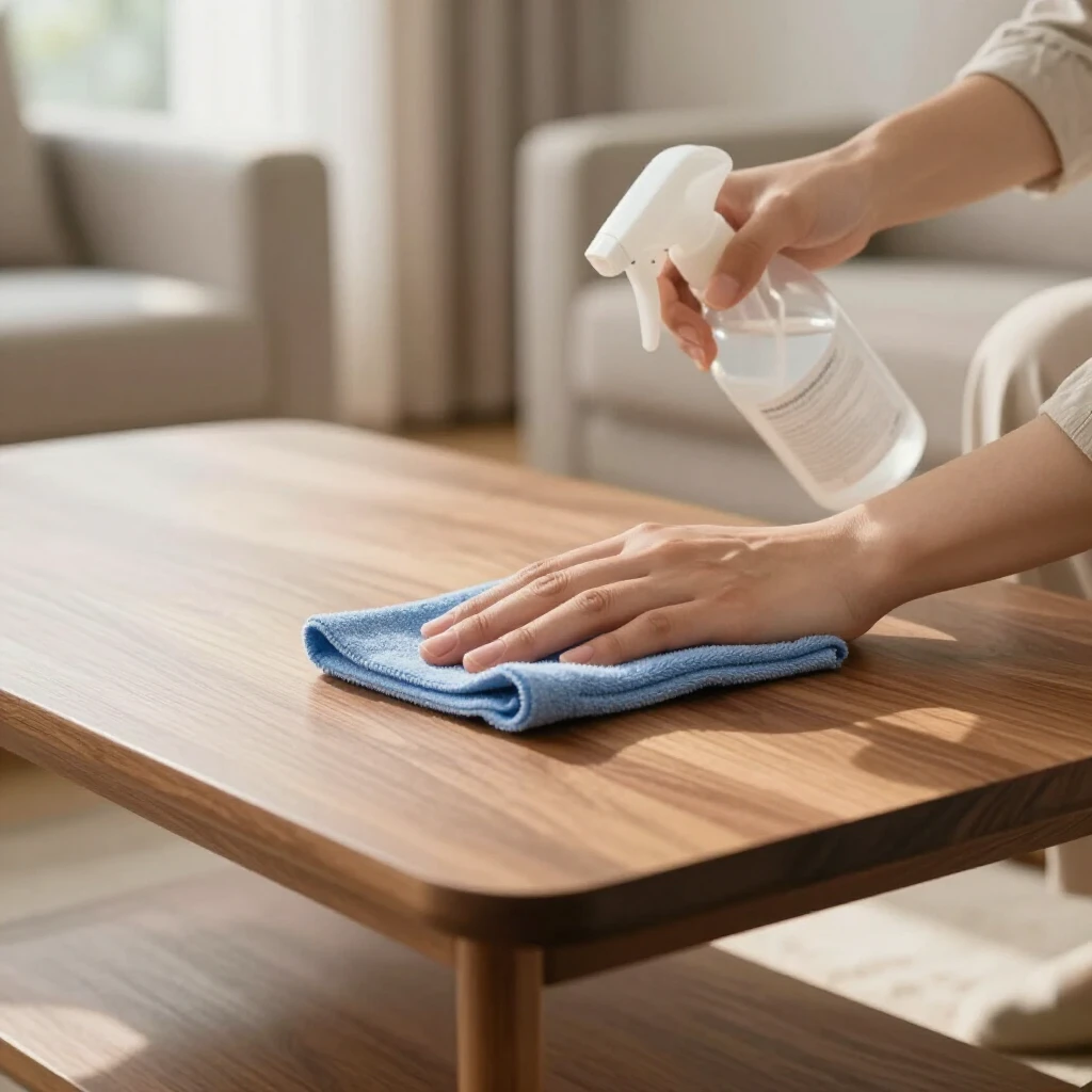 Person cleaning wooden furniture with microfiber cloth and natural cleaner