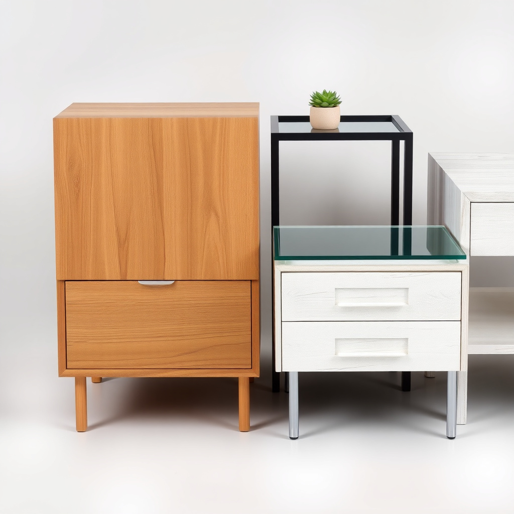Variety of nightstand materials including wood, metal, acrylic, and pine