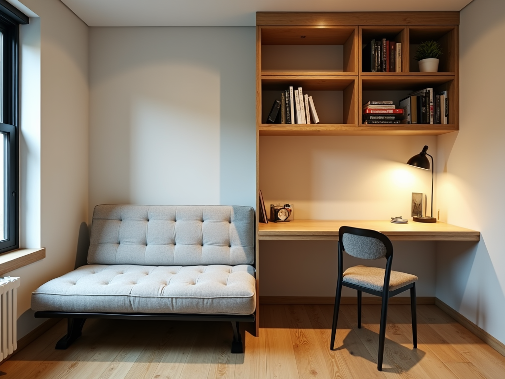 Futon and bookshelf in a multi-use studio.