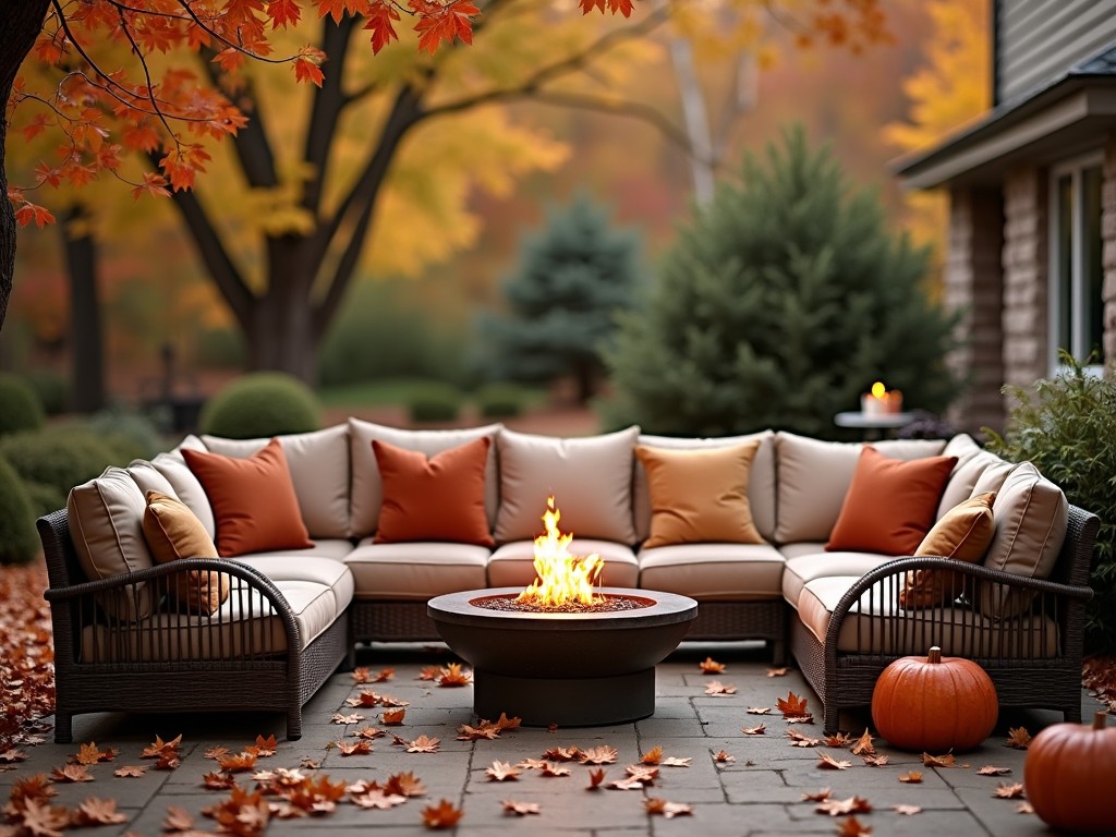 Earth-toned cushions and a fire pit on a patio, ideal for fall evenings.