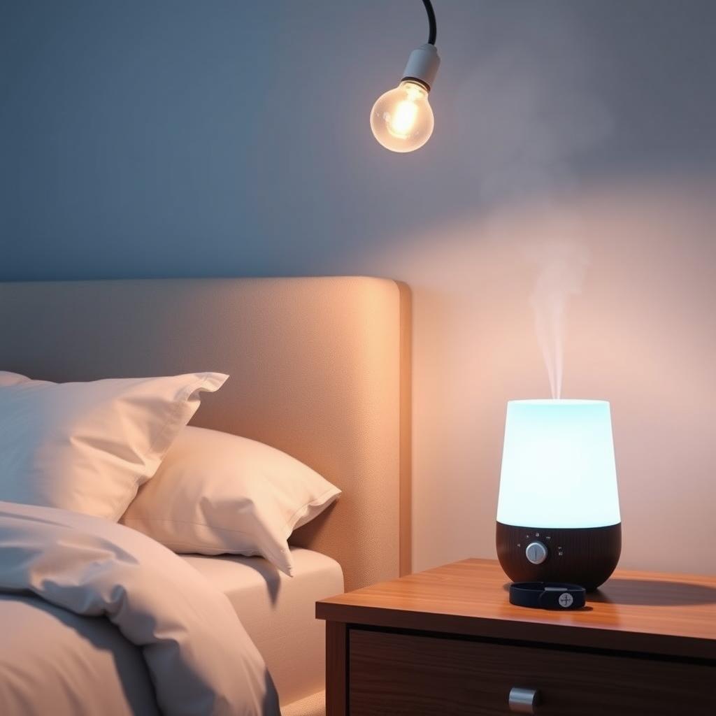 Serene bedroom with a cozy bed, smart humidifier, and sleep tracker for a restful sleep environment.