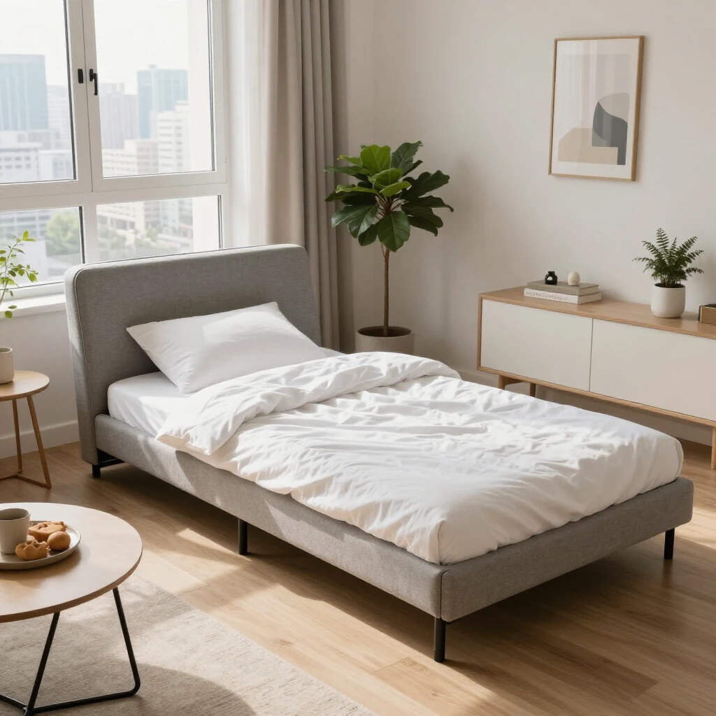 Bi-fold futon transformed into a bed in a small urban apartment