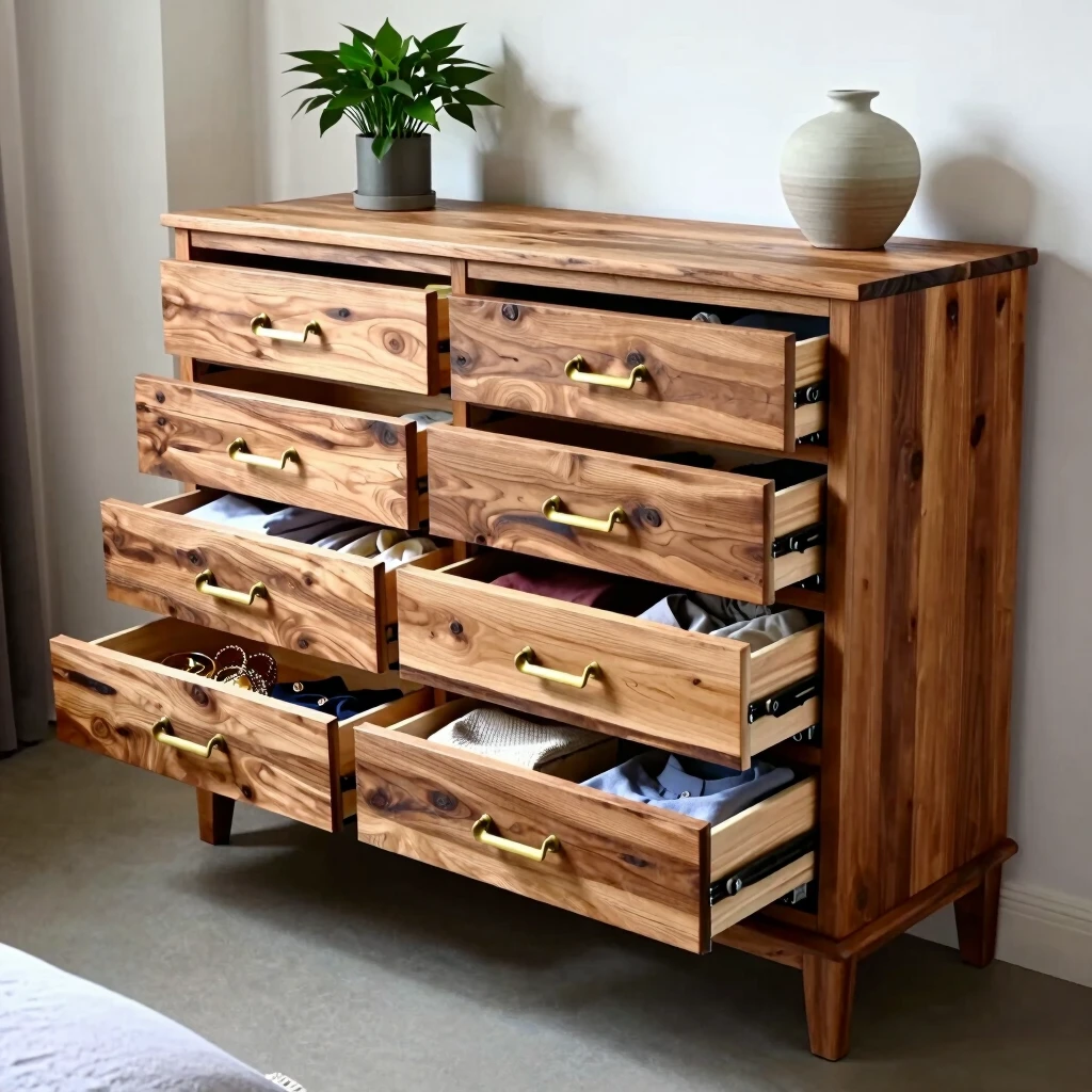 Reclaimed wood dresser with organized drawers showing efficient storage