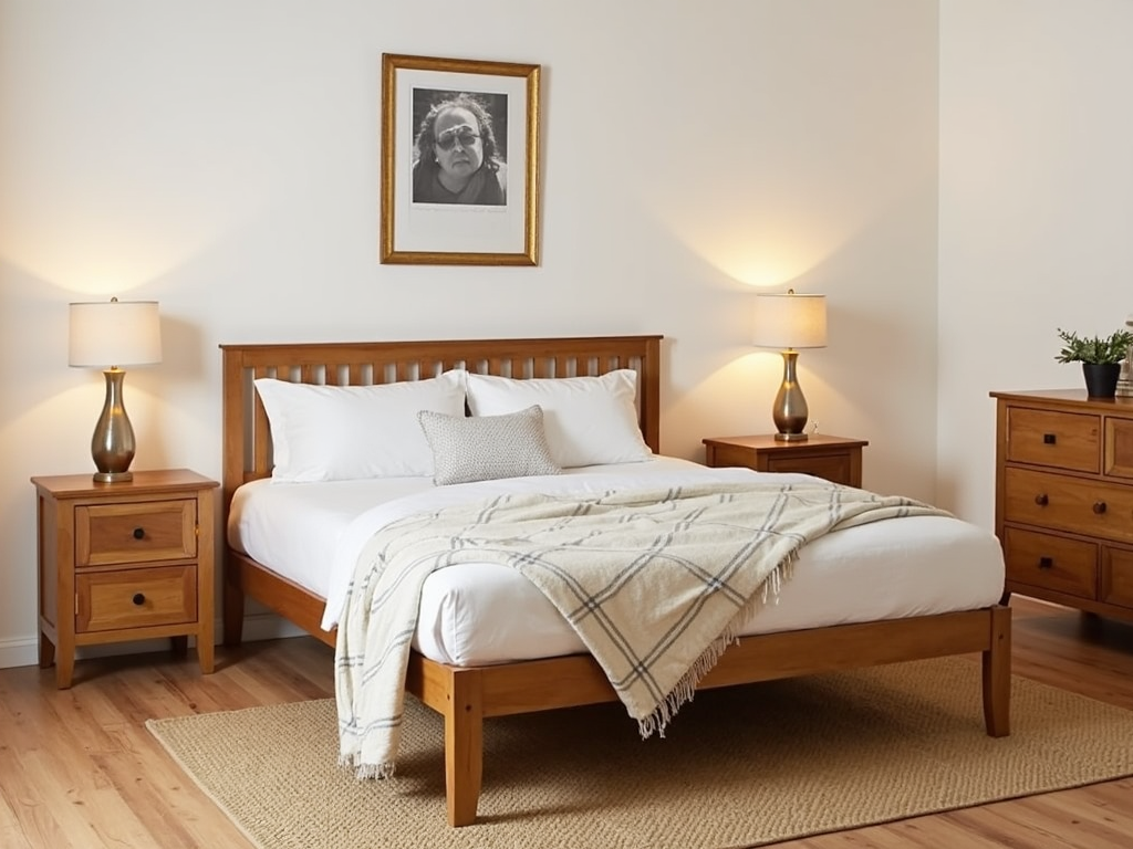 A bedroom with a bed, nightstands, and dresser.