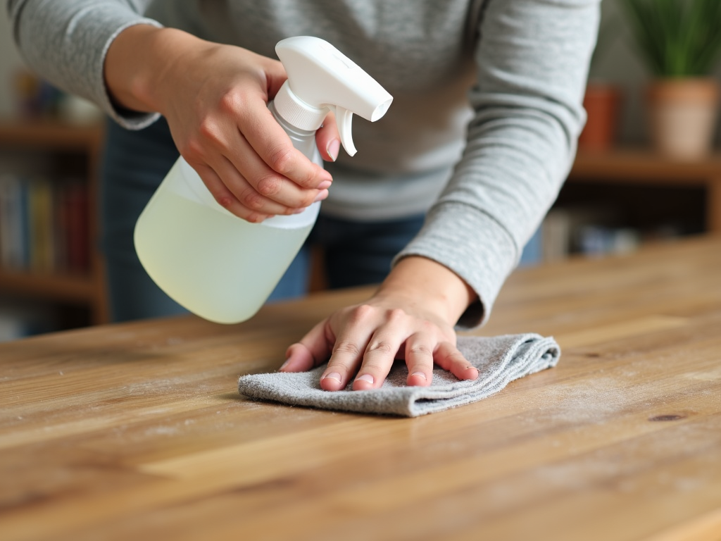 A hand using a natural cleaner on a wooden table to maintain eco-friendly furniture.