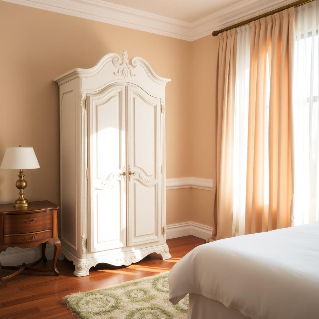 White classic armoire with ornate detailing in a small bedroom with beige walls and a vintage nightstand.