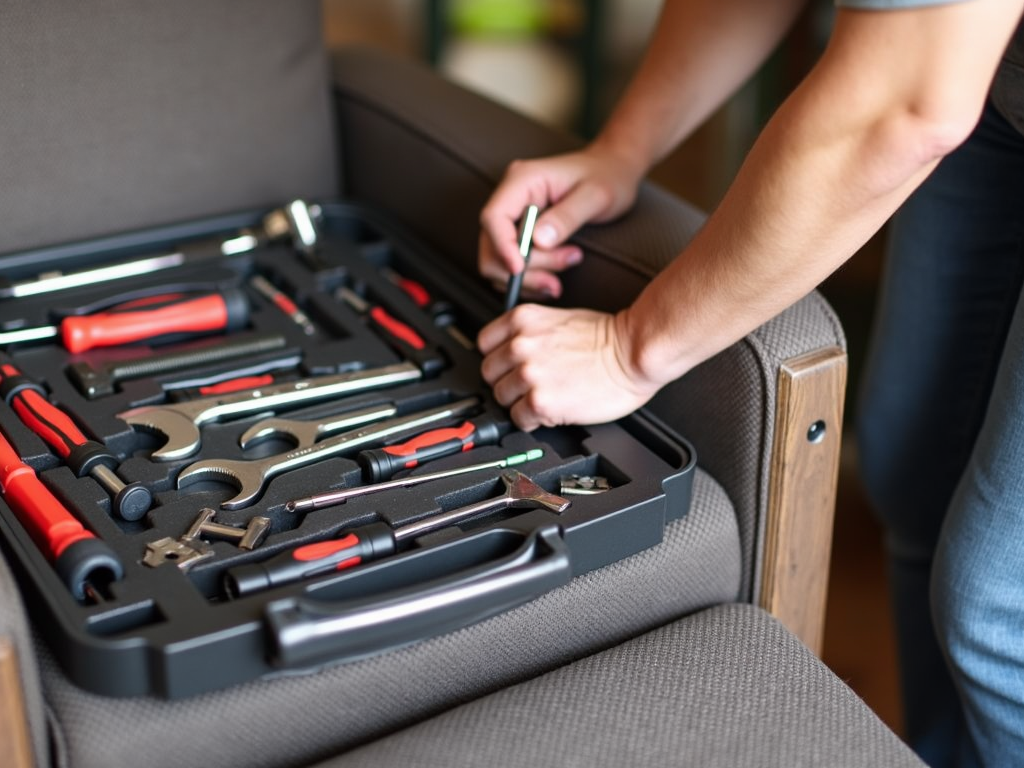 Tightening screws on a recliner frame.