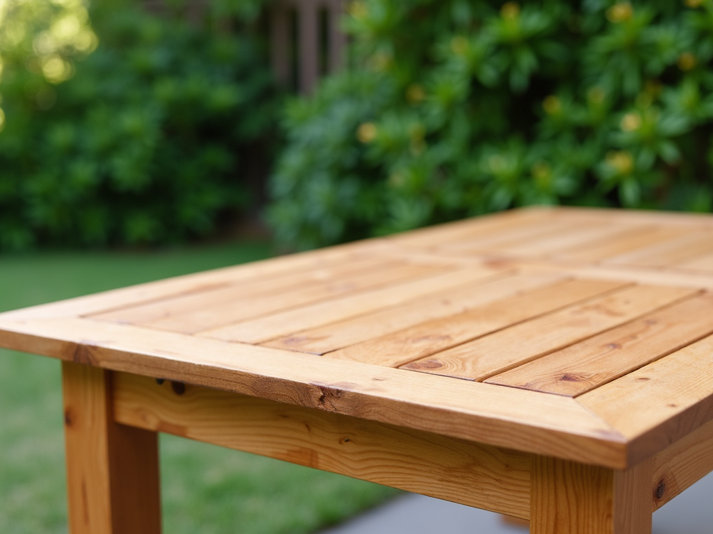 Wooden patio table in a garden setting