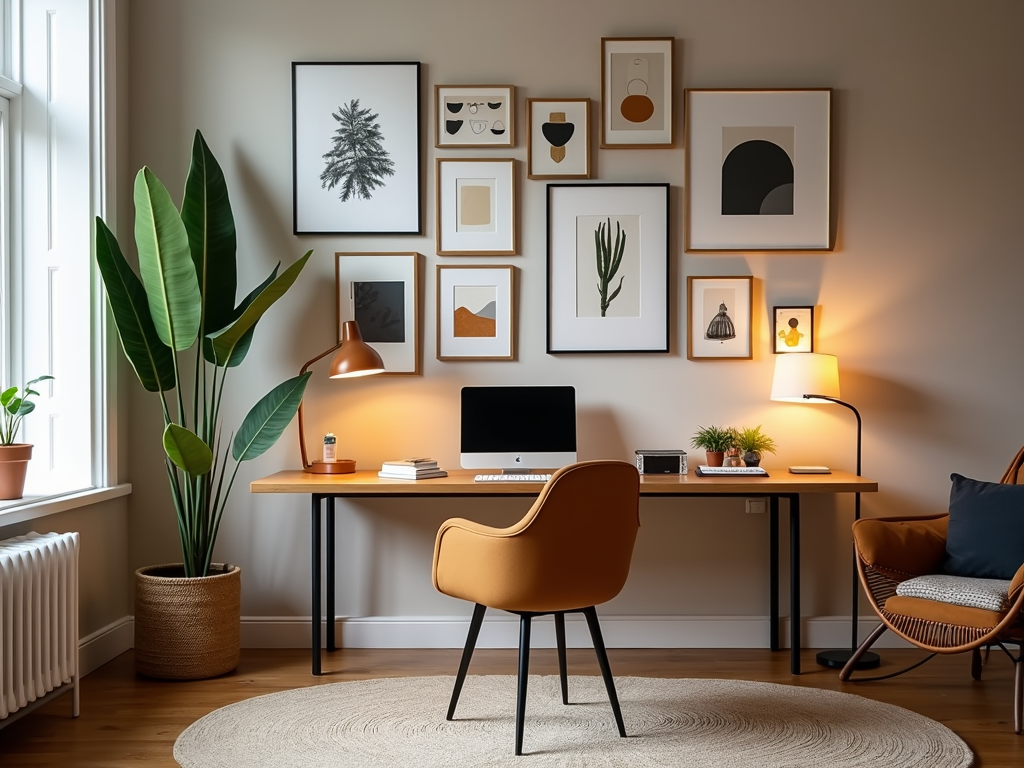 A personalized home office with art and plants.