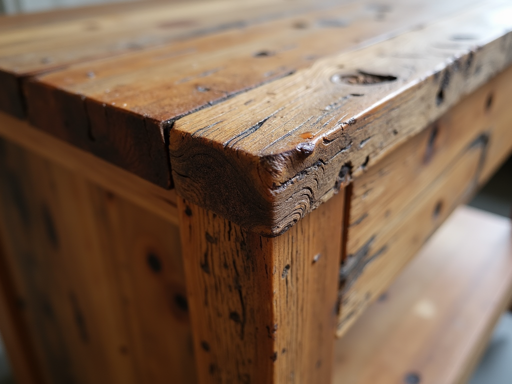 A close-up of finished reclaimed wood furniture showcasing its natural grain and texture.