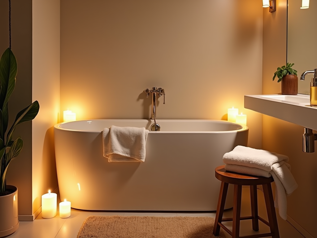 A warm, spa-like bathroom with candles and plush textiles.