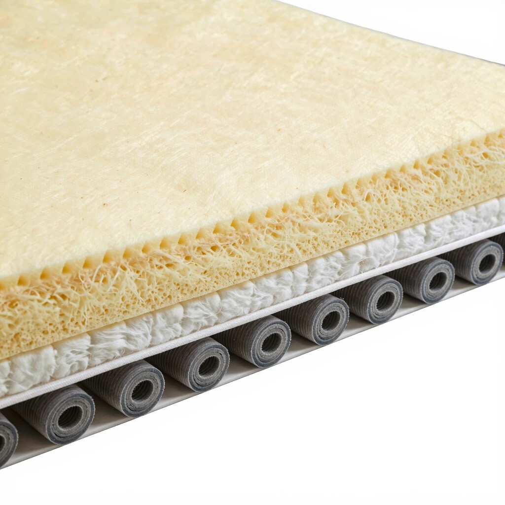Close-up of futon mattress layers including cotton, foam, and innerspring