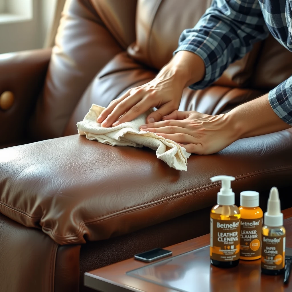 Hands cleaning a leather recliner with care products