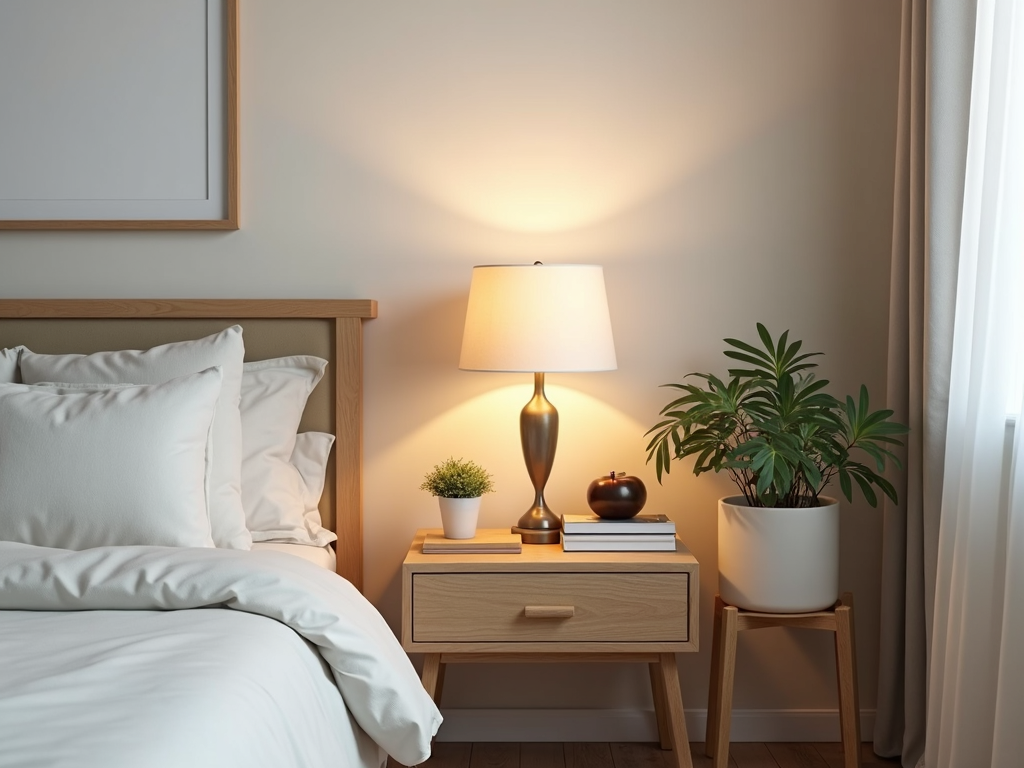 A serene bedroom with a well-organized nightstand