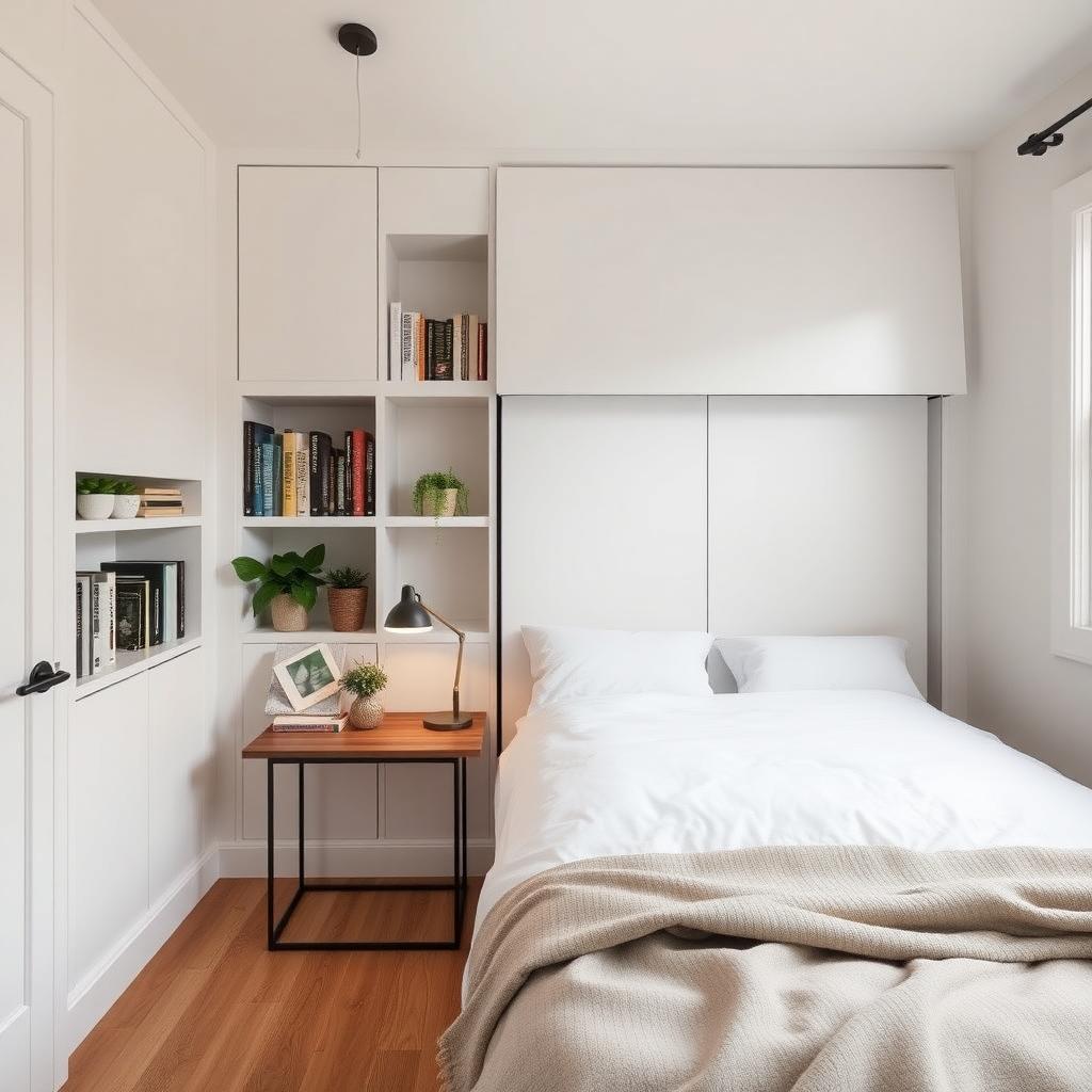 Tiny home bedroom with a Murphy bed, built-in shelves, and a modern industrial nightstand.