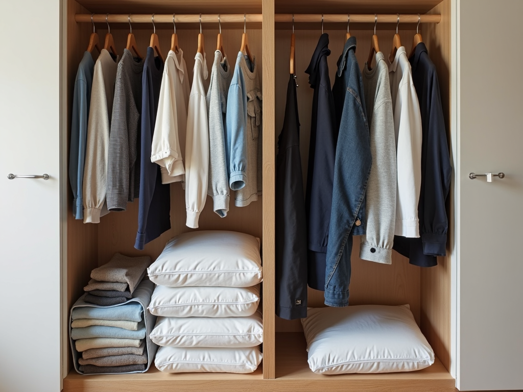 A closet with vacuum-sealed bags for out-of-season clothes.