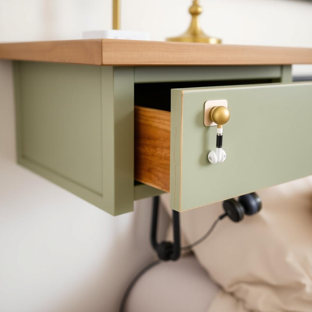Sage green wall-mounted nightstand with a drawer containing organized items, a brass knob, and a hook with headphones, set against a cozy bedroom backdrop.