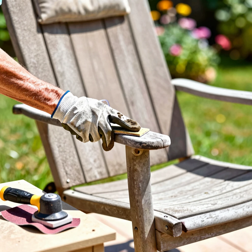 Person sanding and repairing a wooden patio chair in a backyard